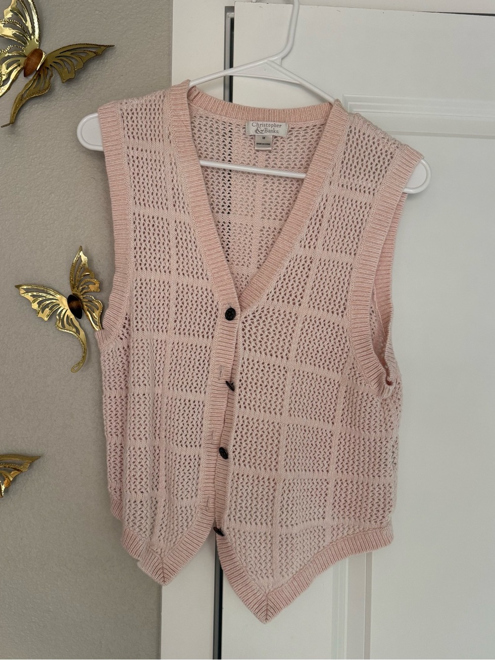 Christopher & Banks Pink Open-Knit Button Front Sweater Vest